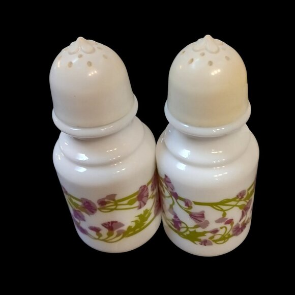 2pc Vintage Avon Milk Glass Shakers | Lilac Floral Kitsch Vanity Decor - Picture 4 of 12